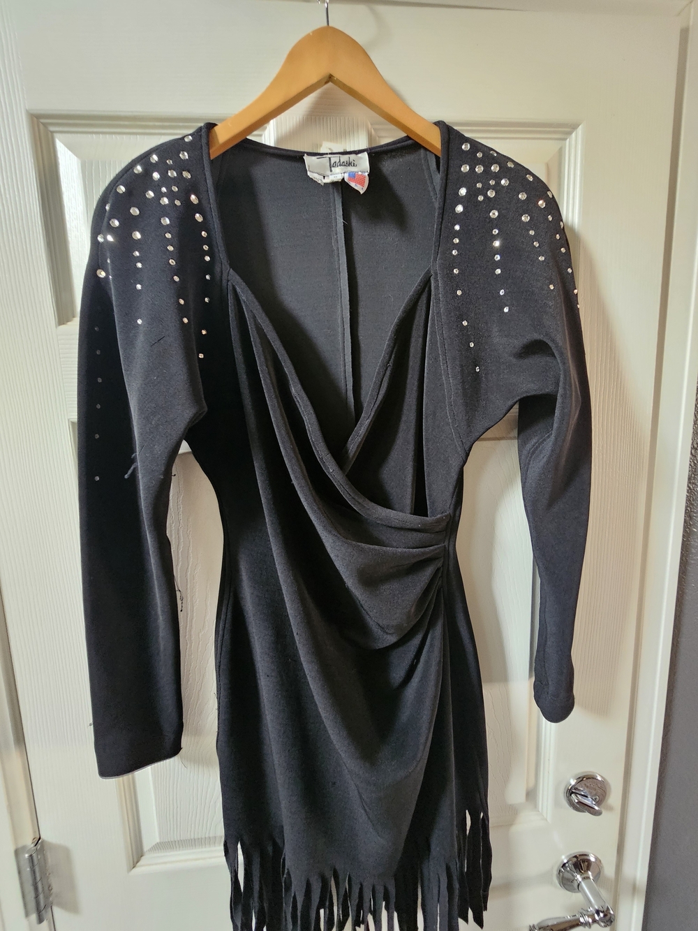 Vintage Tadashi Soji Black Long-Sleeve Draped Fringe Dress with Stud Details